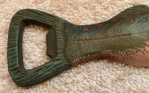 Vintage Cast Green Pink Iron Fish Shaped Bottle Opener 4 5/8 by 1 5/8 Inches - Picture 2 of 8