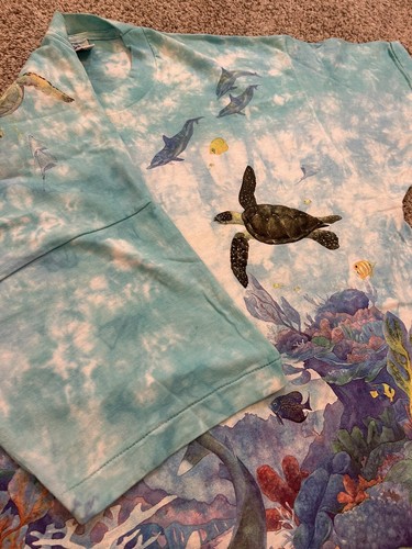 T-shirt vintage blu liquido oceanica XL 1993 fauna selvatica tartaruga marina squali pesci - Foto 5 di 8