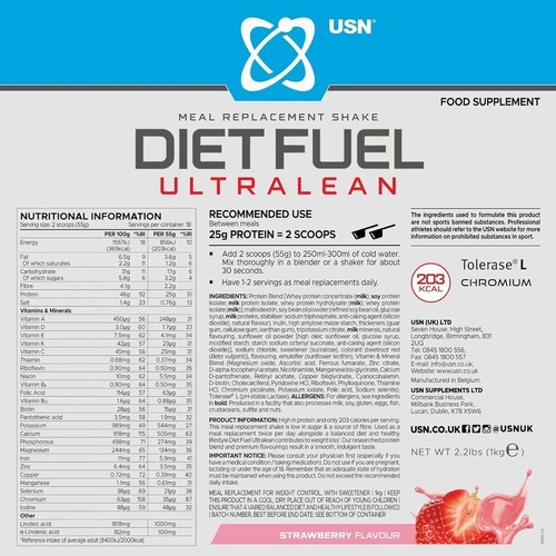 USN Diet Fuel UltraLean Strawberry 1KG: Meal Replacement Shake, Diet Protein - Picture 5 of 6