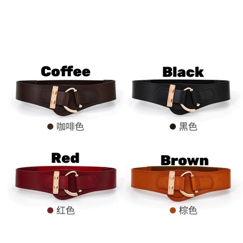 Real Leather Elastic Waist Belt Gold Hook Buckle Stretch Dress Coats Waistband - Picture 7 of 25