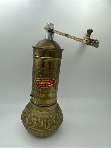 Vintage Sozen Traditional Turkish Handmade Brass Coffee Grinder Mill 7.5" Tall