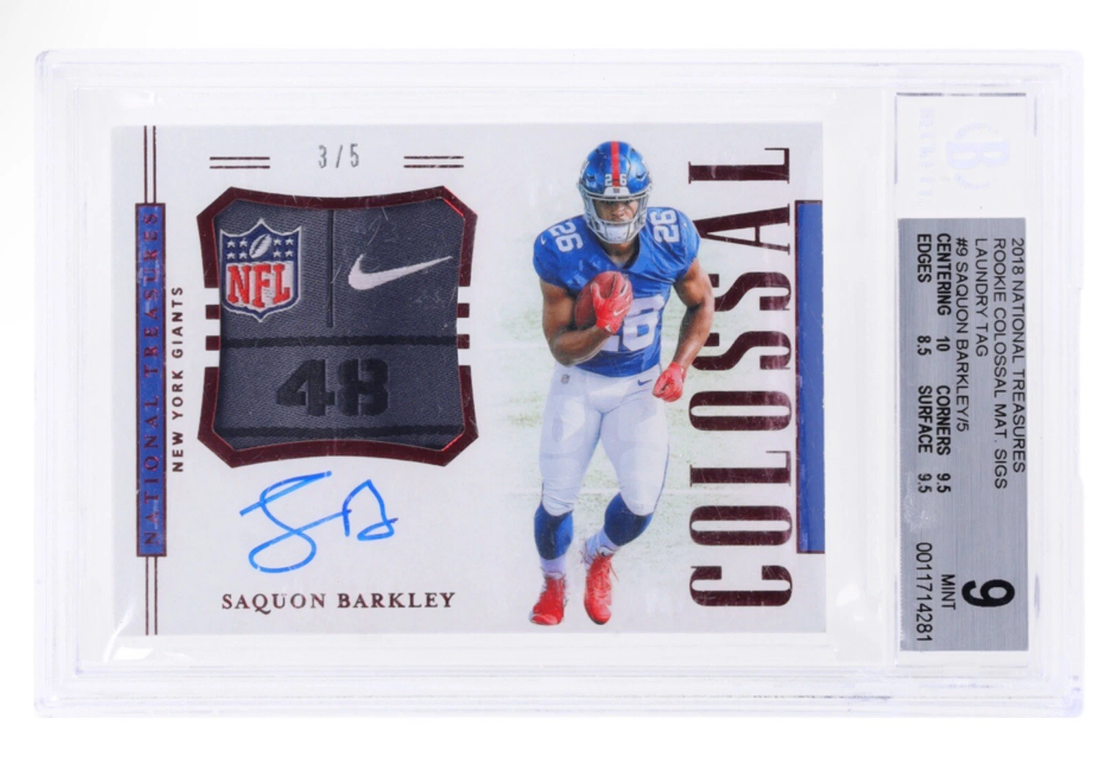 Saquon Barkley Panini National Treasures Rookie Colossal Material Signatures #RCSSB Laundry Tag