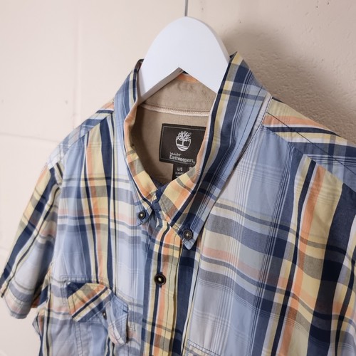 TIMBERLAND Shirt Mens L Large Blue Yellow Check Slim Short Sleeve Cotton Pockets - Picture 4 of 11