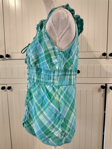 Ladies Frilly Tunic Top - Green Blue Check Pattern - New Look Tall - UK Size 12 - Picture 2 of 11
