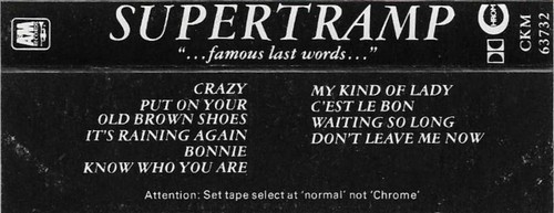 Supertramp ".Famous Last Words.." CASSETTE ALBUM ROCK Pop Rock - Picture 3 of 10