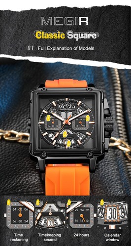 MEGIR Monaco Chronograph Calibre Homage Luminous Auto Date Square Men's Watch - Picture 4 of 19