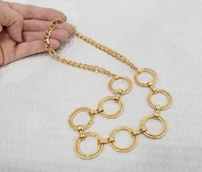 Gold Tone Textured Double Hoop and Curb Chain Link Choker Statement Necklace