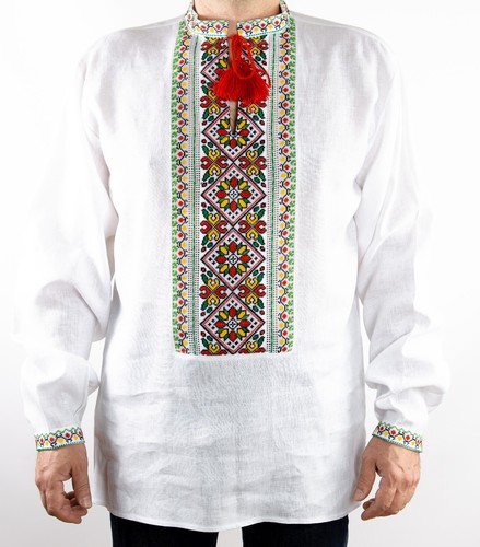 VYSHYVANKA Mens Ukrainian hand Embroidered White Yellow Red Green shirt size L - Picture 2 of 10