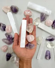Healing Crystals Set Tumbled Amethyst Rose Quartz Clear Quartz & Selenite Stick