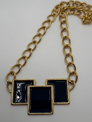 Vintage Monet Halskette signiert geometrisch dunkelblau Emaille goldfarben