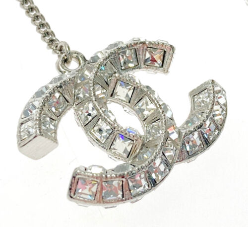 CHANEL CC Logos Rhinestone Drop Stud Earrings Silver Tone Auth D-n1121 - Picture 3 of 5