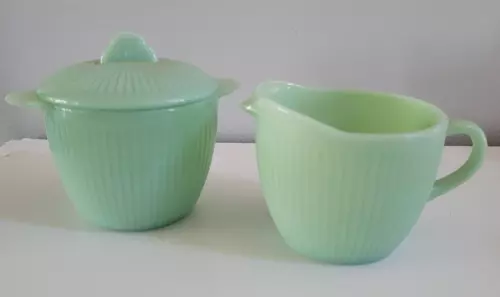Vintage FIRE KING Jane Ray Jadeite Creamer and Sugar Bowl Set With Lid