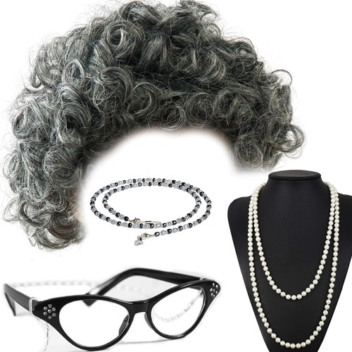 Old Lady Costume for Women Kids 100th Day of School Grandma Wig Glasses Costume - Picture 4 of 6