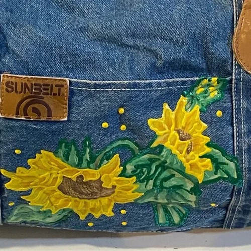 Sunbelt Large Denim Duffle Bag w/ Embroidered Sunflowers On Front Pocket - Picture 2 of 12