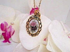 ROSE Victorian Jewelry Necklace Pendant Anniversary Wedding Gold Pink BIRTHDAY