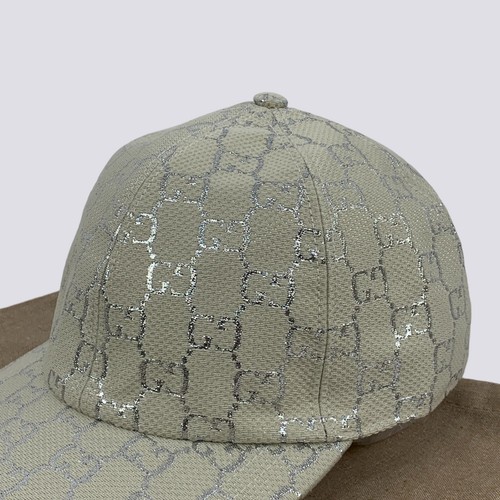 Gucci GG Monogram Silver Lame Canvas Baseball Cap Hat White Size M - Picture 3 of 23