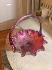 Vintage Fenton Red Carnival Glass Basket Holly Leaves And Berries Fenton Sticker