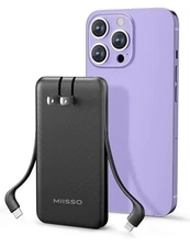 Miisso Ultra Slim 10000mAh Power Bank Built-in Cables and Foldable AC Wall Plug