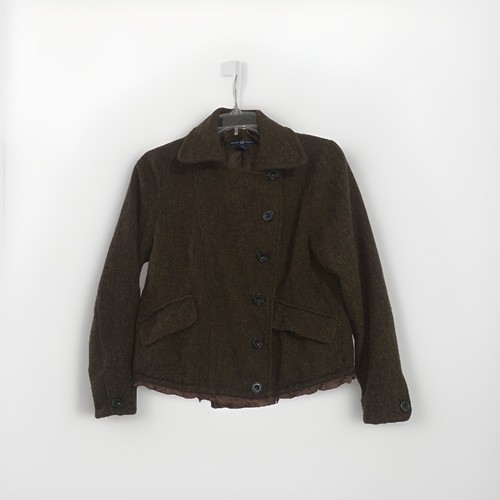GAP Jacke Damen Gr. XS Kragen asymmetrisch Knopf Rüschensaum braun Wollmantel