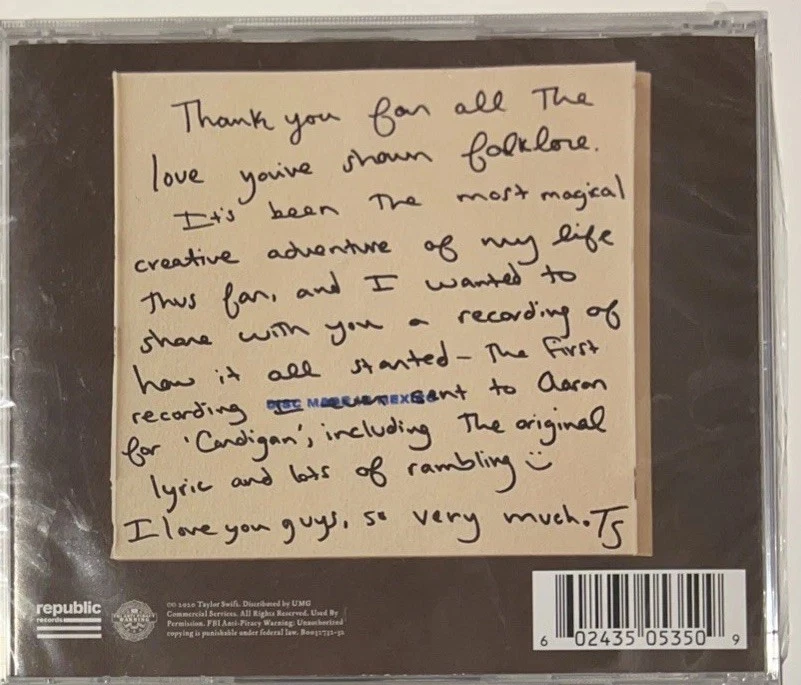 Taylor Swift Cardigan + Songwriting Voice Memo 2020 Republic Records CD -GM12 - Image 2 of 4