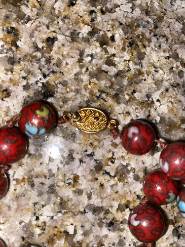 Chinese Red Turquoise Enamel Flowers Single Knotted Cloisonné Beads Necklace 24” - Picture 5 of 7