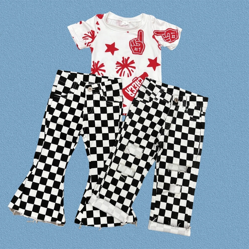 Toddler Girls Kids Wear Red Cheer Top With Checked Jeans Pants Set