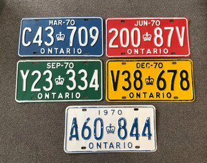 RARE SET OF 5 1970 ONTARIO LICENSE PLATE PLATES MARCH JUNE SEPTEMBER DECEMBER