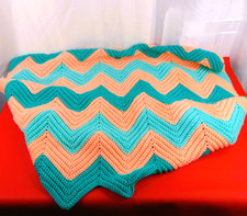 Handmade Crocheted Baby Blanket Pink Teal 58"x38" Crochet Knit Afghan Throw