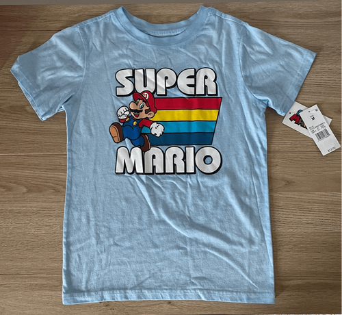Super Mario Boys Graphic T-Shirt Size Medium NWT | Retro Gamer Tee Blue Nintendo