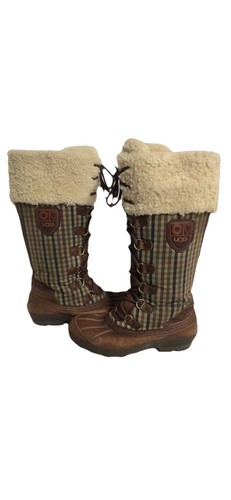 Stivali in pelle shearling con lacci UGG Australia Edmonton usati in ottime condizioni taglia 7 plaid marroni - Foto 2 di 10