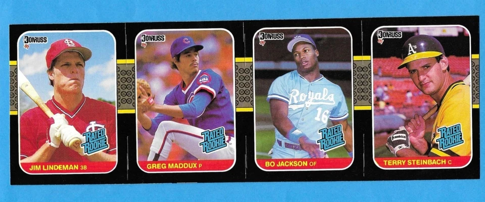 1987 Donruss cartões de beisebol painel sem cortes 4 jogadores. Greg Maddux, Bo Jackson RC! - Imagem 3 de 3