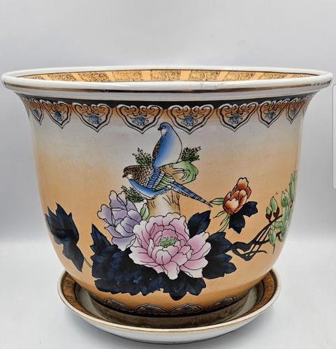 Chinesische Famille Rose Jardiniere Übertopf mit Wasserschale Vintage