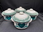 Set of 4 ~ Country "GREEN HEART" Sponge Green ~ Ceramic Mini Crocks w/Lids