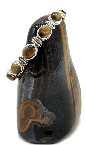 Tiger's Eye Bracelet, Sterling Silver, 18-21 cm adjustable, Genuine, Oval Shaped - Picture 5 of 10