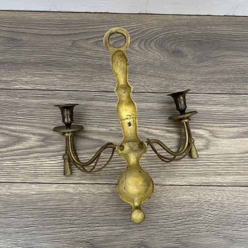 Vintage Messing Doppelarm Kerzenständer Wandleuchter mit Seil & Quasten - Bild 6 von 11