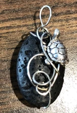 Natural Lava Stone Pendant Artist Made Silver Turtle