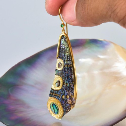 Dragonfly Wing Earrings Abalone Carving Gold Vermeil Sterling & Emerald 10.60 g - Picture 9 of 11