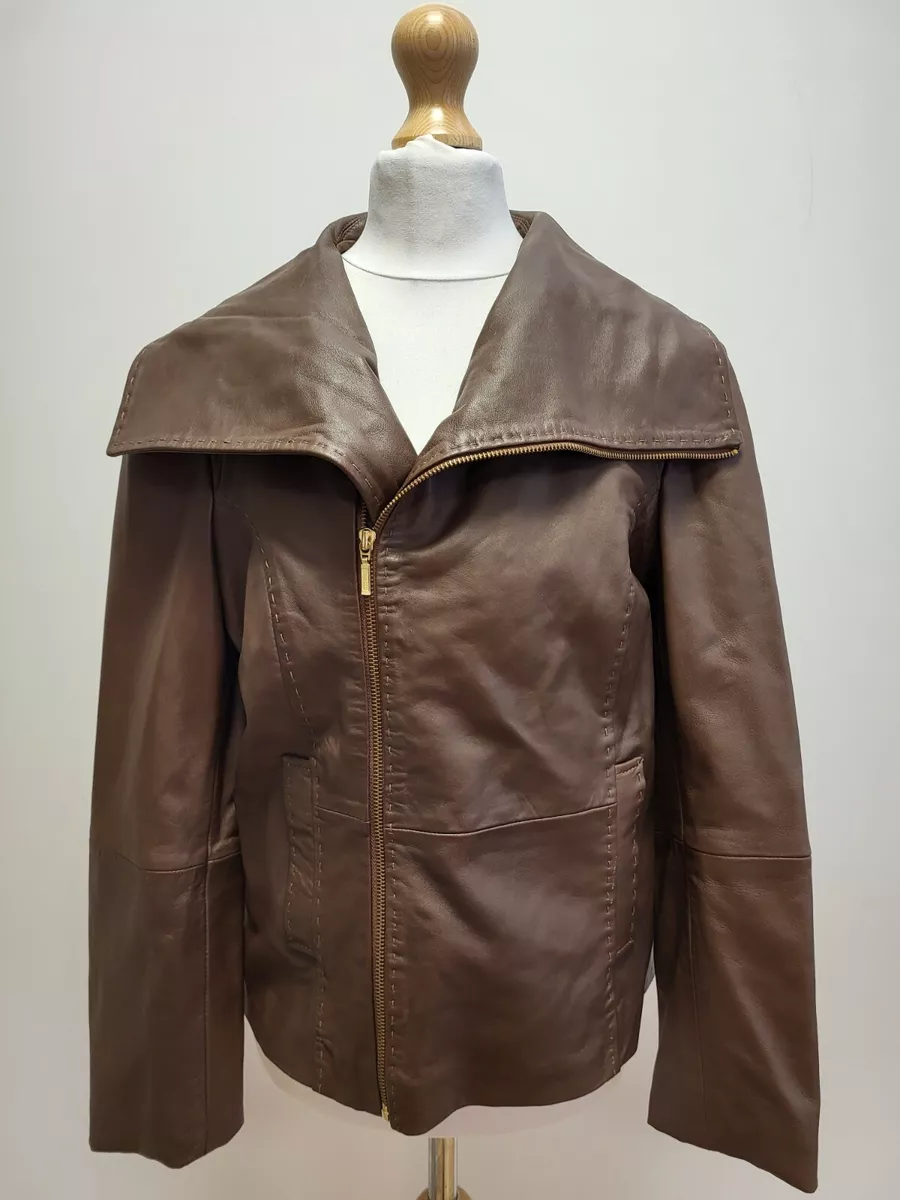 GG899 WOMENS M S AUTOGRAPH BROWN COLLARED LEATHER JACKET UK 12 EU 40