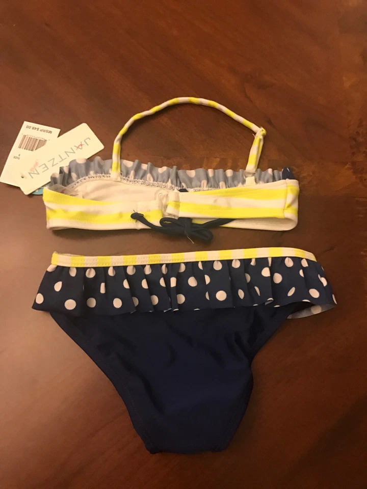 NUEVO Bikini Jantzen Niñas Talla 5 Azul Rayas Lunares Halter Bandeau Traje de Baño Foto 3 de 4