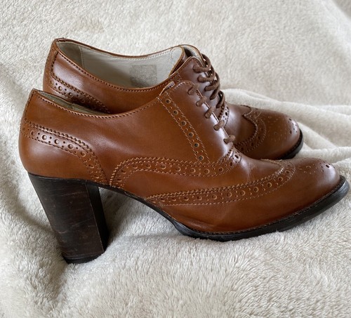 Boden 37 6 6.5 brown tan leather 3" heel wingtip oxford brogue shoes lace up tie - Picture 3 of 9