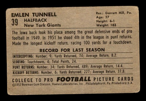 1952 Bowman Large #39 Emlen Tunnell GD+ - Picture 2 of 2