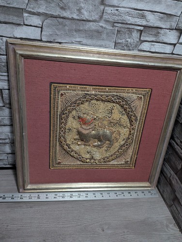 Vintage gerahmter burmesischer Kalaga Wandteppich Perlen Edelstein Tier Wandkunst Dekor Thai - Bild 5 von 11