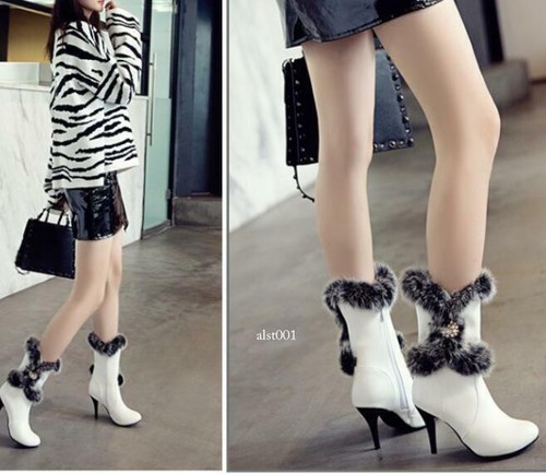 Women Pointy Toe Stilettos High Heels Rhinestones Ankle Boots Warm Fur Shoes - Picture 14 of 19