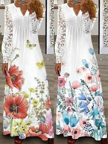 Damen-Urlaubskleid V-Ausschnitt Lange Ärmel Spitze Lässig Langes Kleid H 〒 - Picture 5 of 18