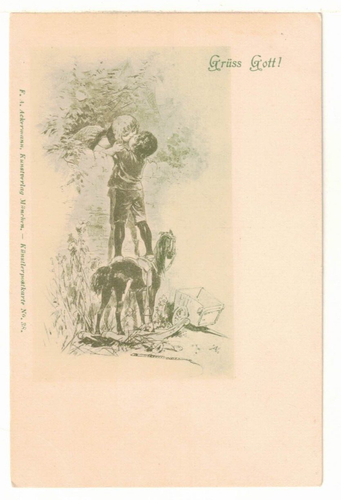 c1900 Art UDB PC: “Gruss Gott!” Man Standing on Horse Kissing Woman on Balcony - Picture 1 of 2