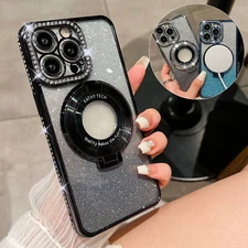 Glitter Bling Mag Safe Case For iPhone 16 Pro Max 15 14 13 12 w/ Magnifier Stand