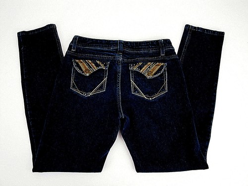 Arizona Jeans 16 Girls Dark Beaded Blue Denim 28" w 29" in Stretch Pocket Button - Picture 4 of 7