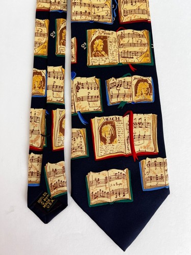 ALYNN “Great Composer” 100% Silk Neck Tie-USA Navy, Tan Academia Orchestra - Picture 3 of 4
