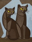 Japanese Art Woodblock Print "Cat Friends" TOMOO INAGAKI Cubism Cats