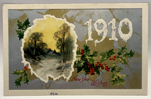Buon anno a te, 1910, Agrifoglio e frutti di bosco, cartolina d'epoca